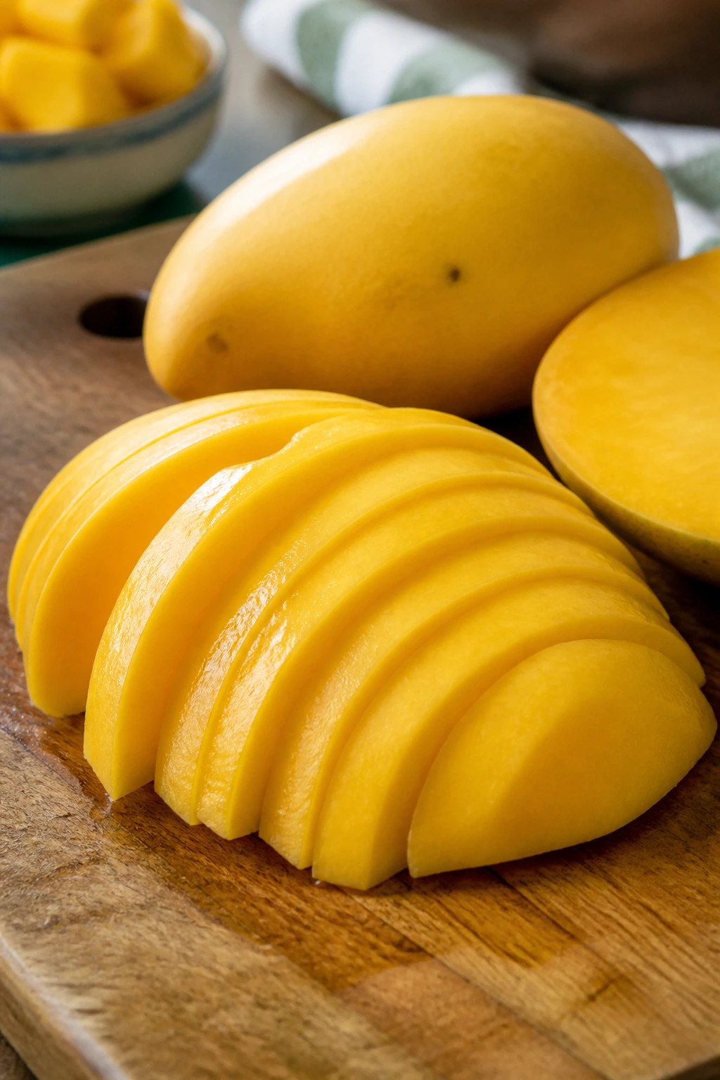 Mango slices on cutting board ready for dessert or salsa