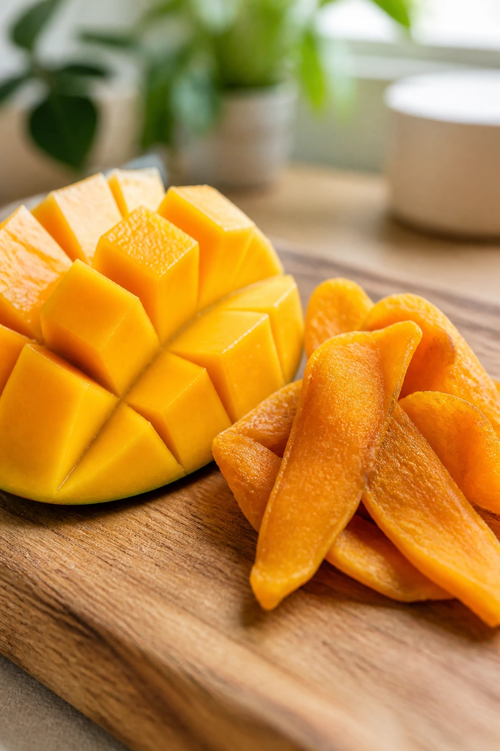 Can Dogs Eat Dried Mangoes? All You Need To Know 6 Fresh mango half next to dried mango slices on wooden board