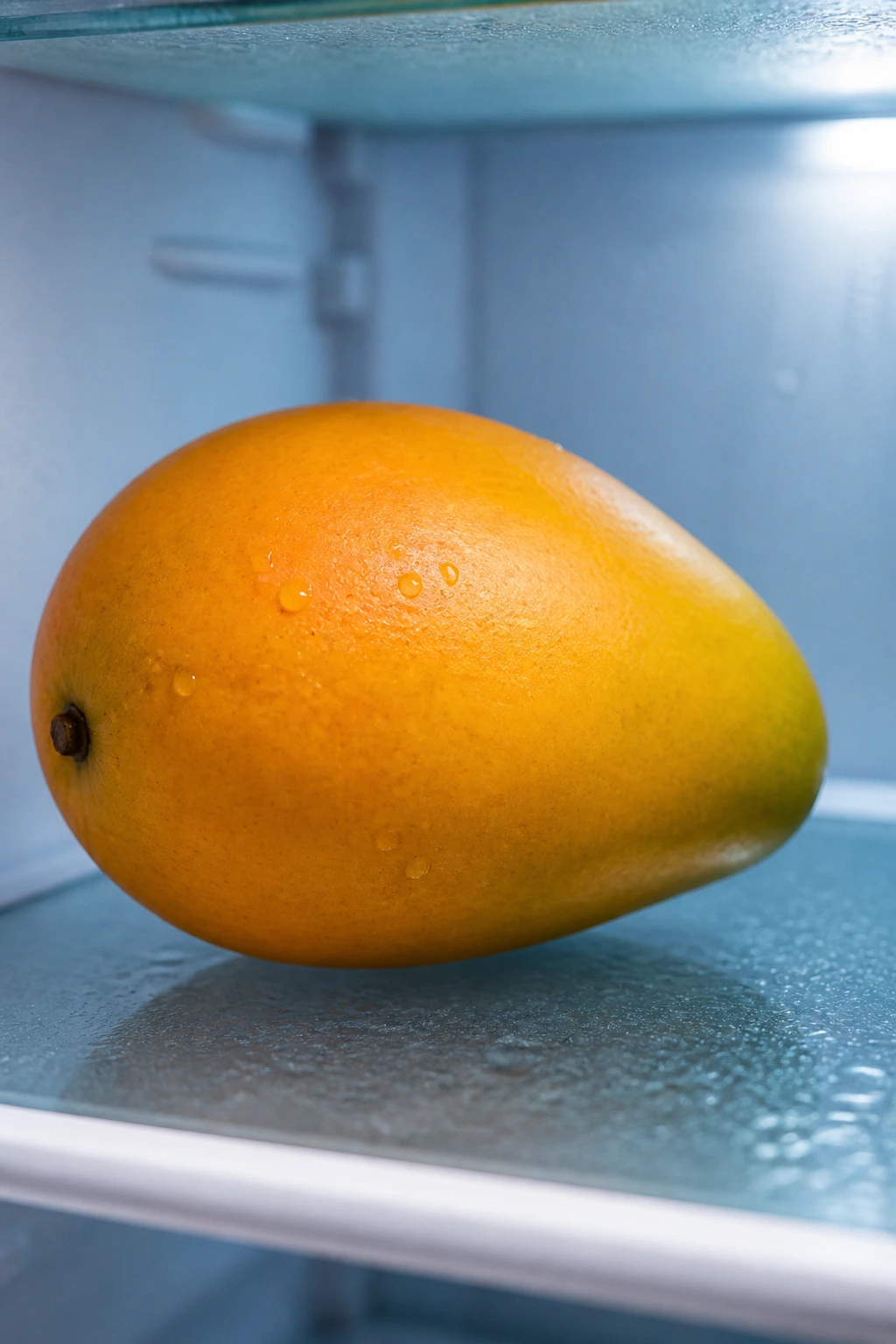 Mango stored in refrigerator showing proper cooling environment.