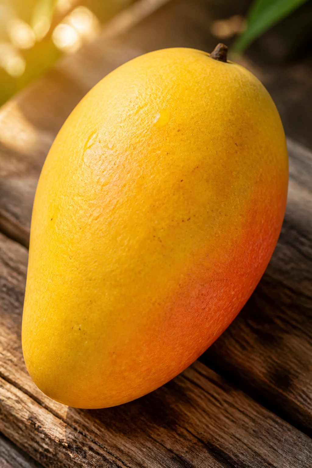 How To Get Mango Out Of Your Teeth & Prevention 4 Single ripe mango on a wooden surface bathed in warm light