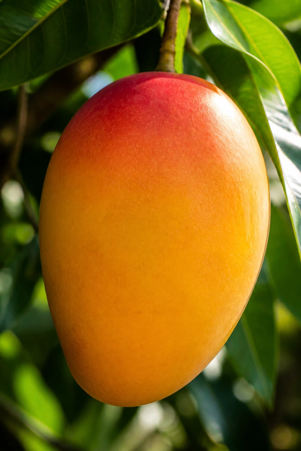 Close-up of a ripe mango filling the frame in a sunlit tropical orchard