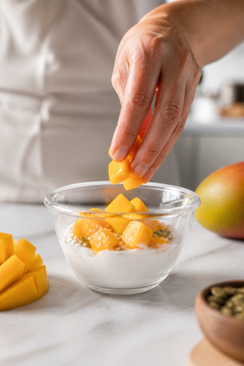 Hand adding mango cubes to gluten-free yogurt bowl