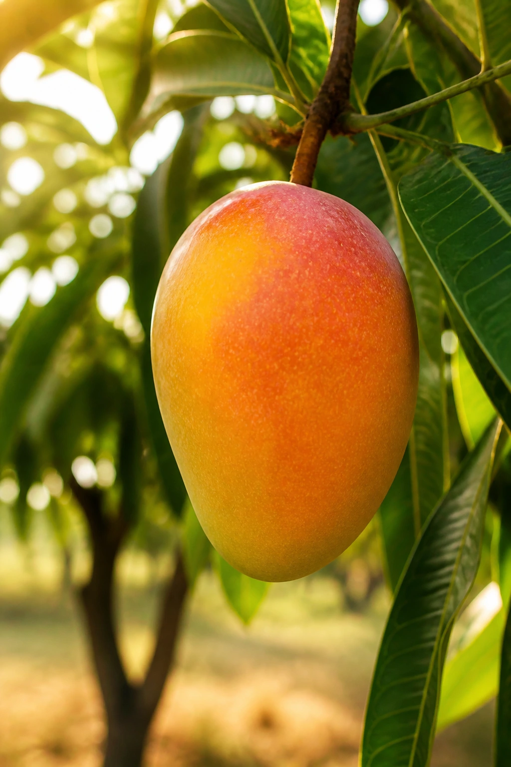 Mango fruit on branch with leaves in a sunlit orchard