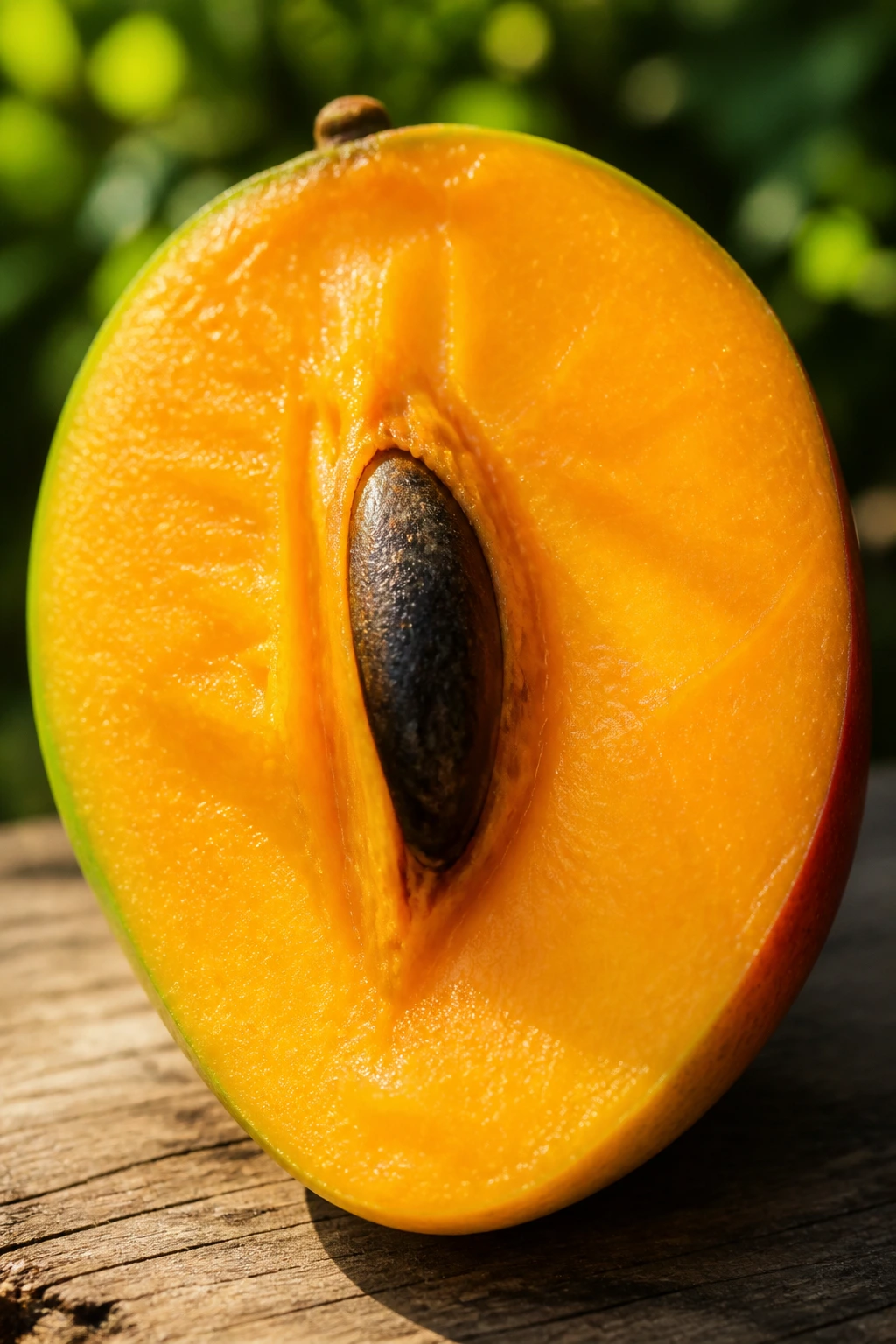 10 Amazing Fruits That Symbolize Love 2 Close-up of halved mango with bright orange flesh in sunlight