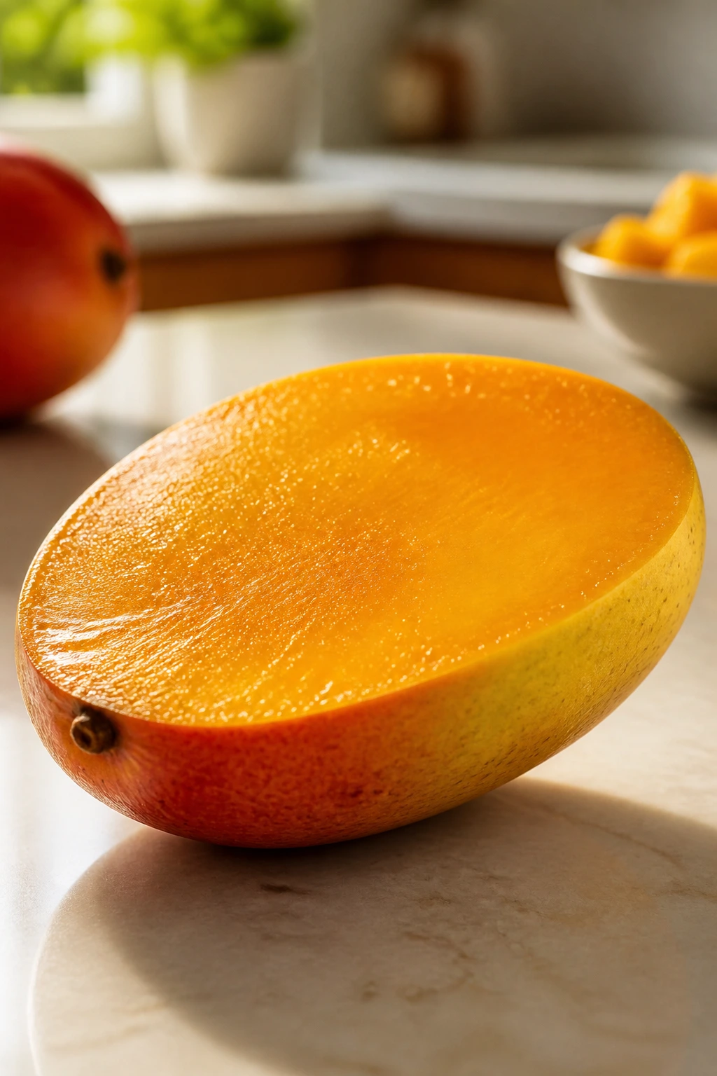 Halved ripe mango showing bright orange flesh on kitchen counter