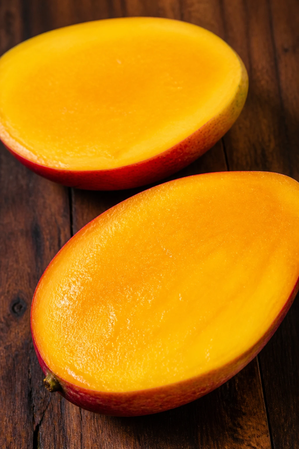 Are Mangoes Acidic Or Alkaline? Everything You Need To Know 3 Two ripe mango halves filling the frame on a dark wooden surface