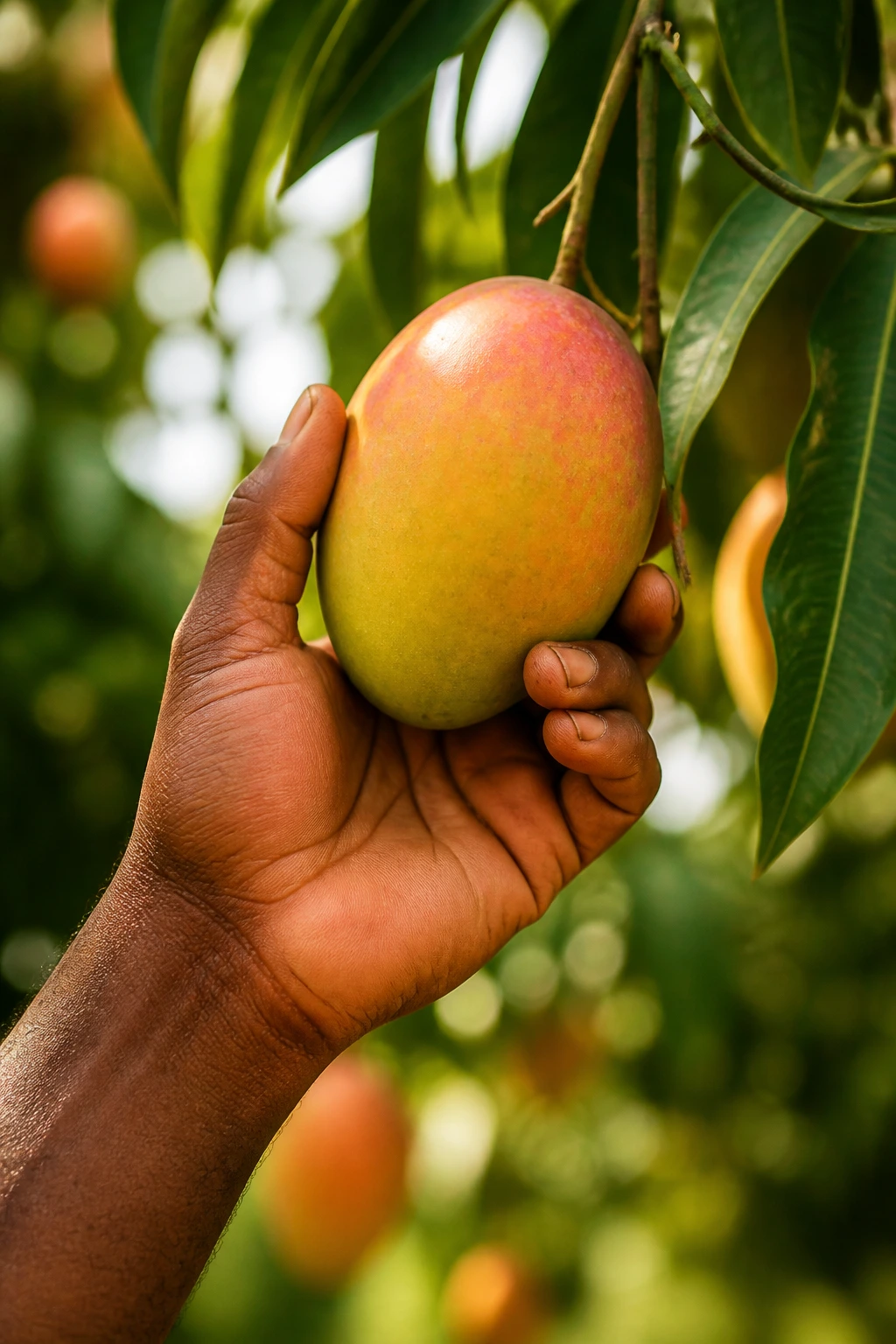 Farmer's hand picking ripe mango from tree in orchard