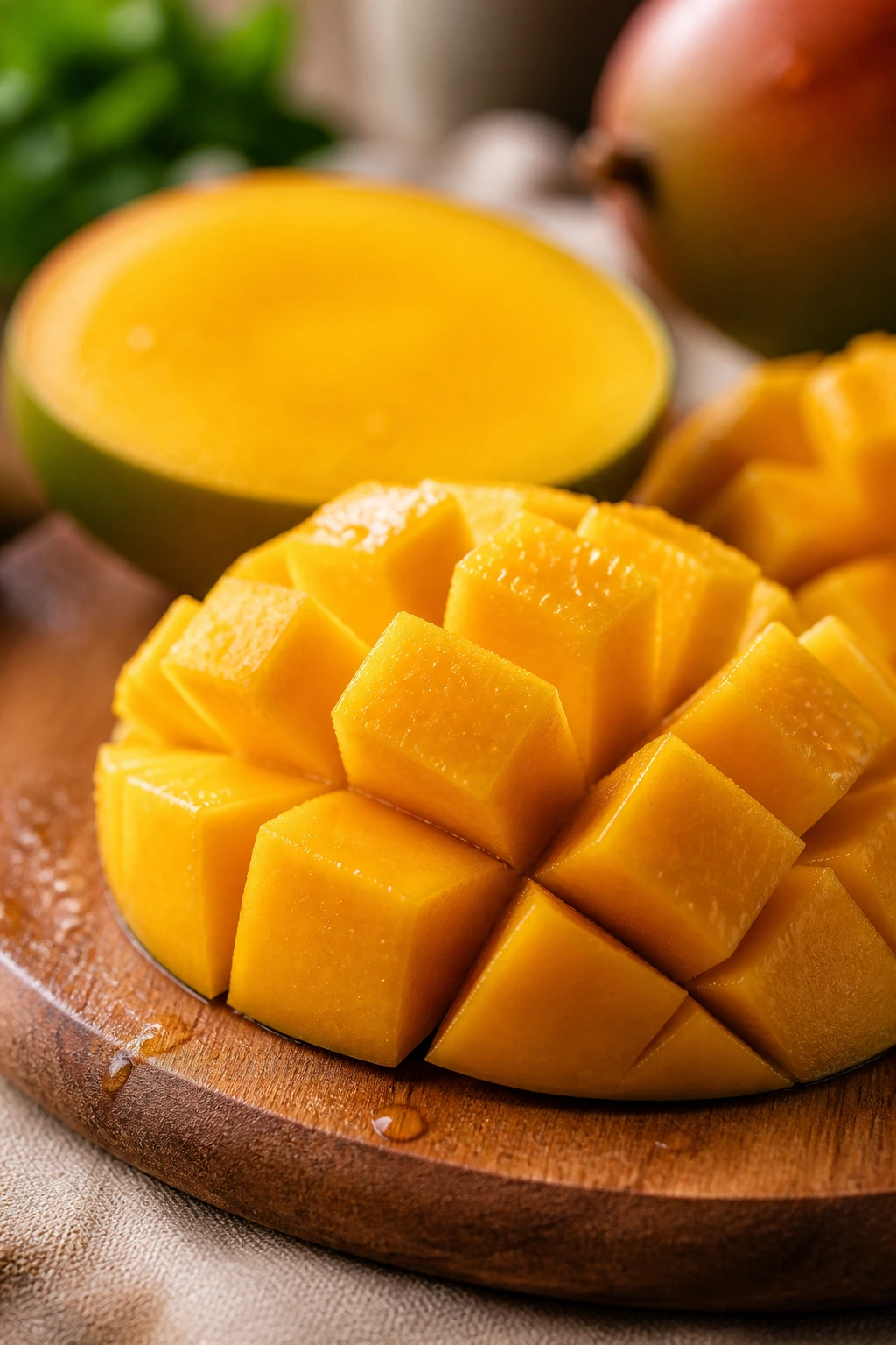 Tropical Showdown: Mango Vs Banana - A Comparison 1 Sliced mango pieces on a wooden board with dew in warm light