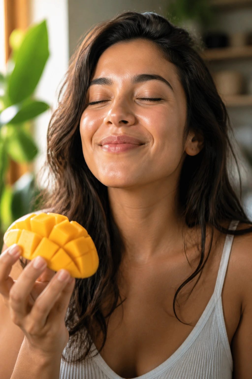 Gut Reactions: Does Eating Mango Cause Bloating? 5 Close-up portrait of a person with a calm, satisfied expression after mangoes