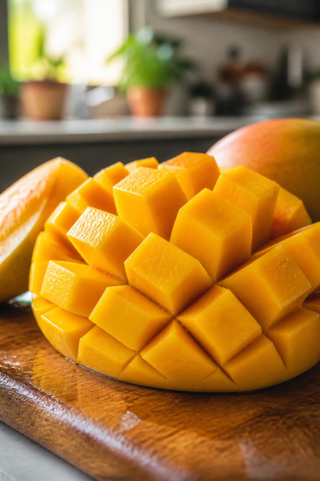 Sliced mango pieces on wooden board in warm kitchen light