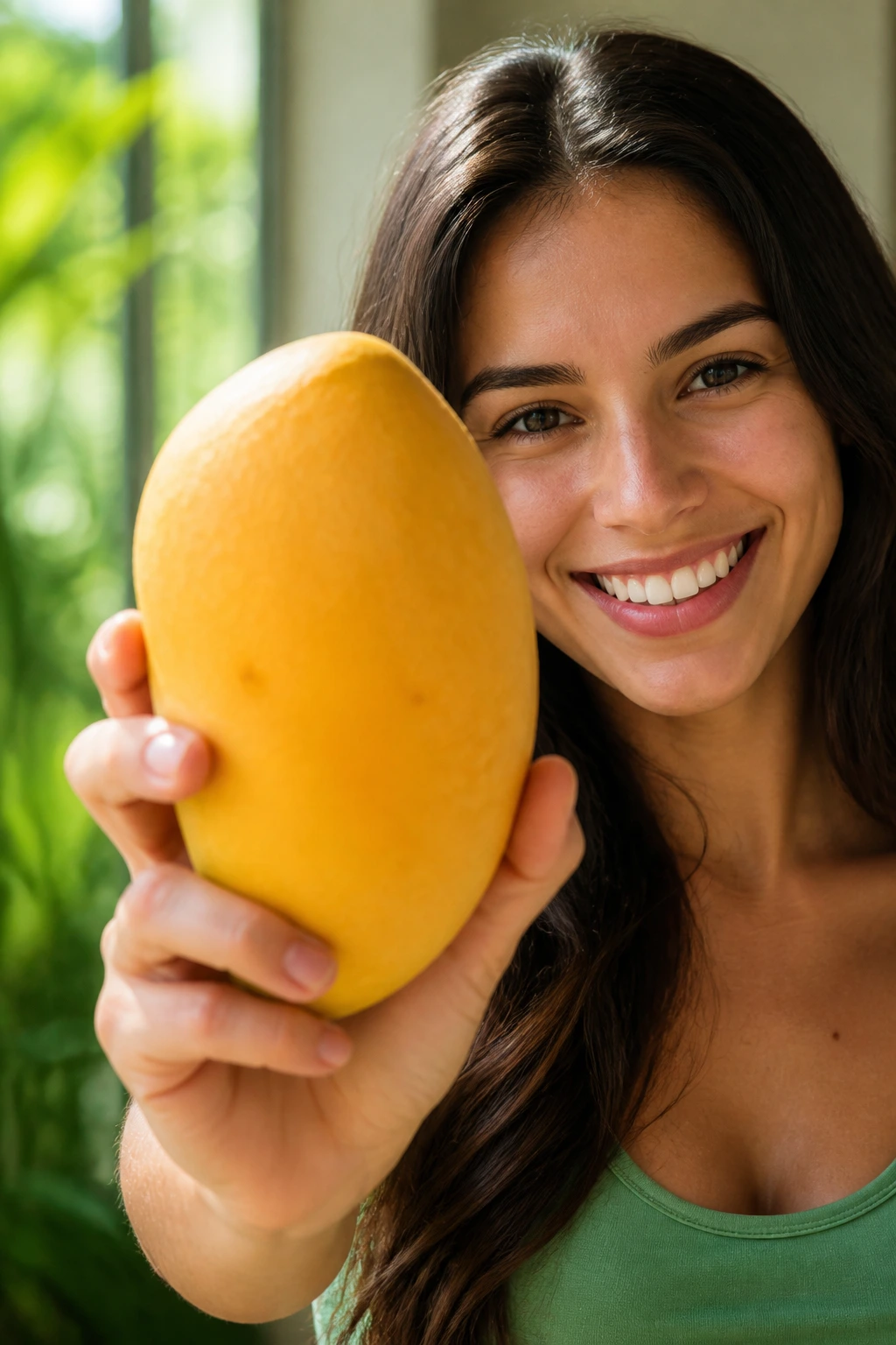 Close-up portrait of a healthy-looking person with a large mango filling the frame