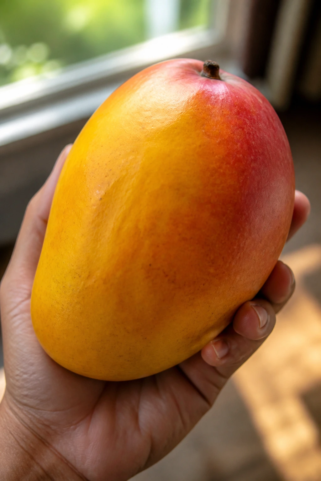 Close-up of a ripe mango held in hand with warm natural light