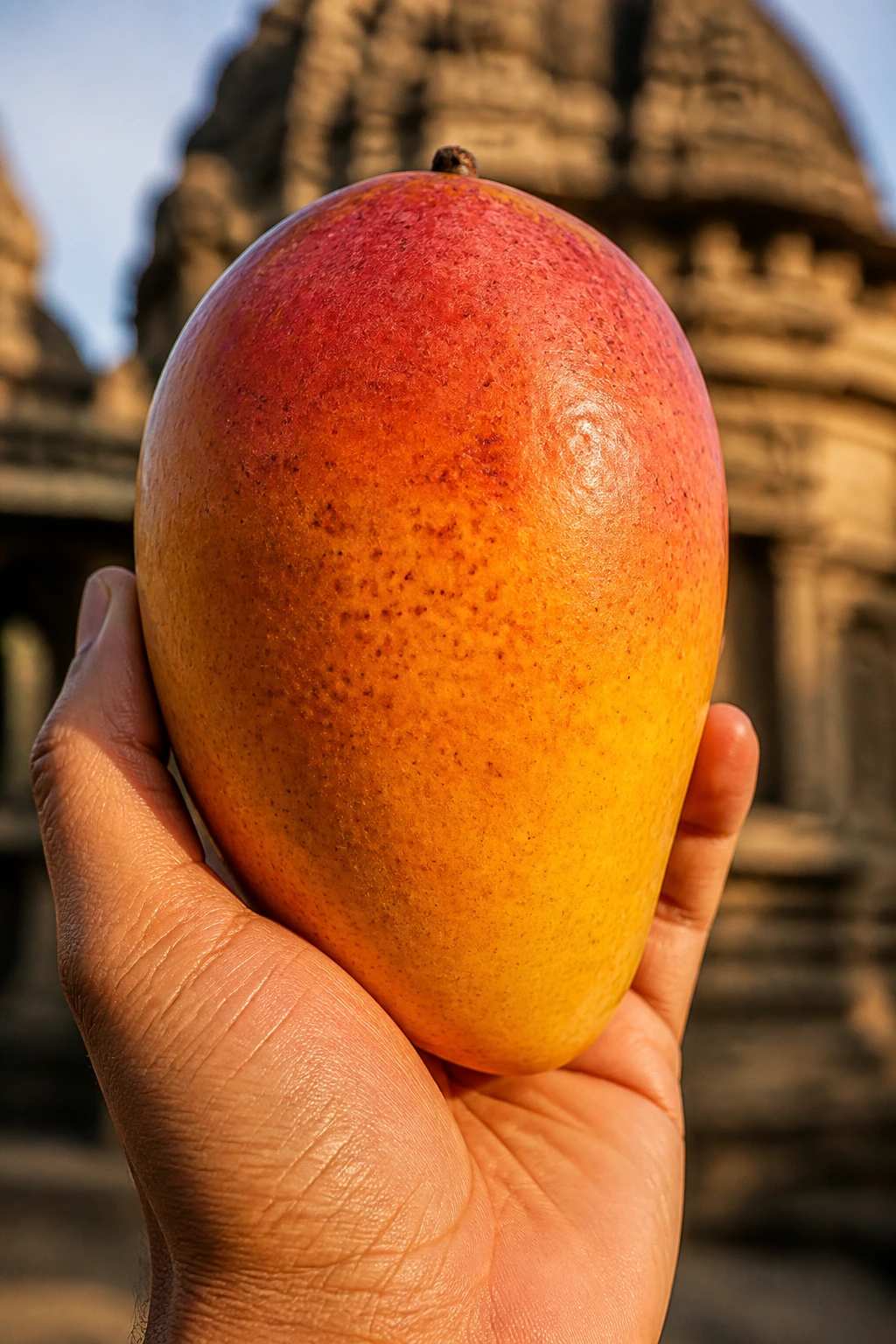 Close-up of ripe mango in hand with temple backdrop