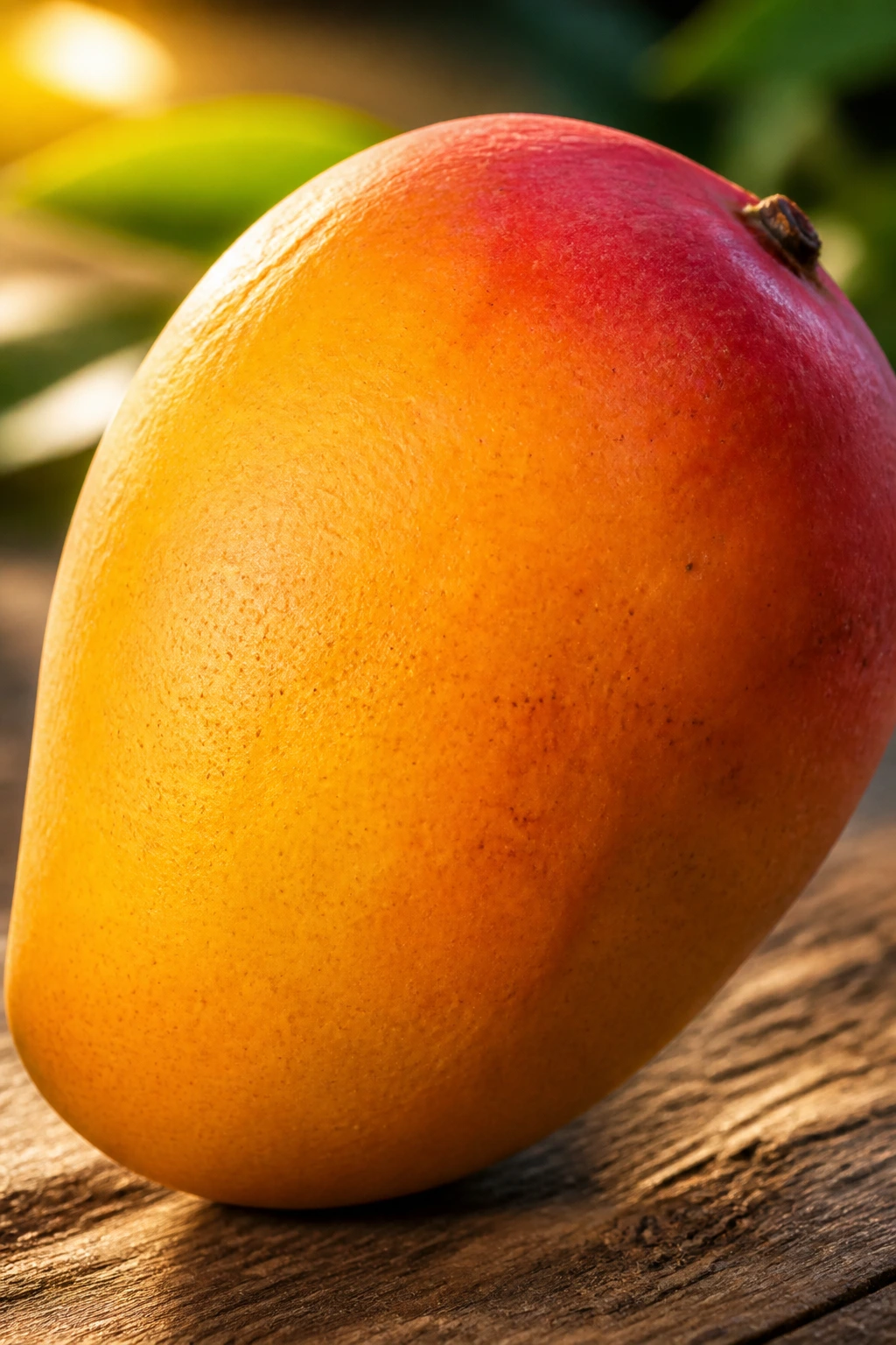Close-up mango symbolizing abundance and growth in a sunlit setting.