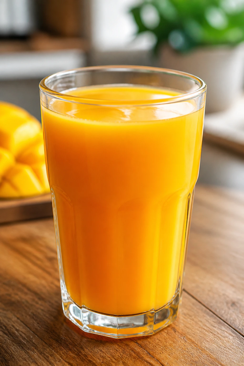 Close-up of mango juice in a glass on a kitchen counter, highlighting acidity concept.
