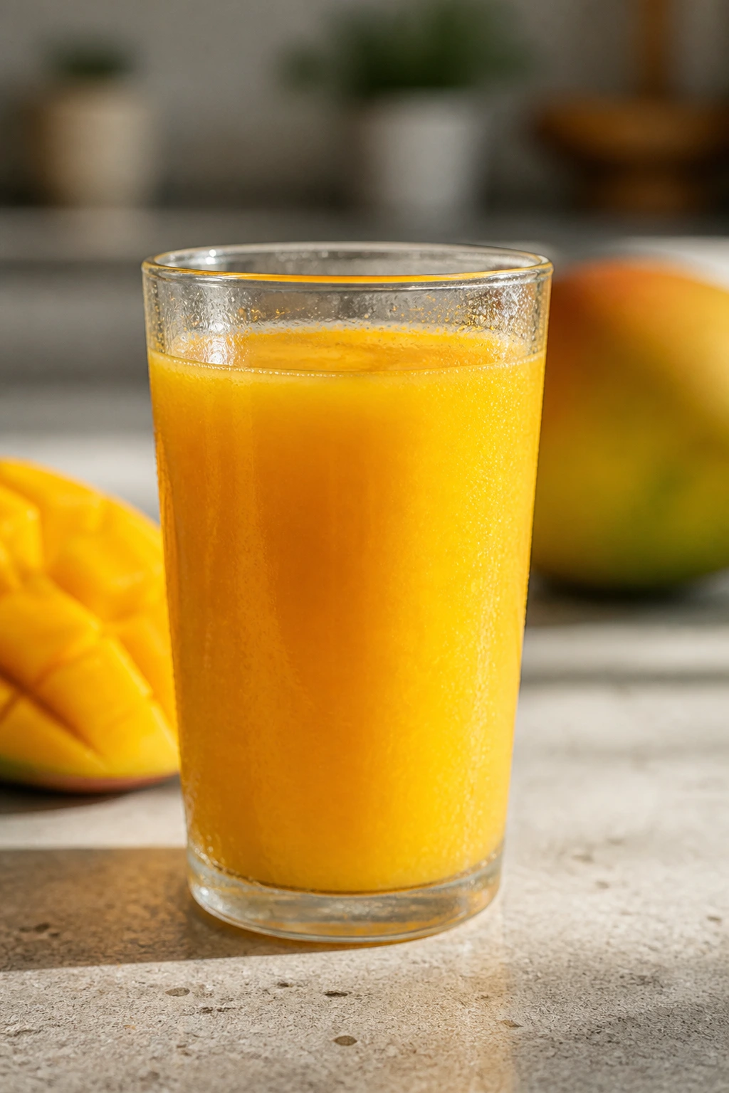 Sipping Away Pounds: Is Mango Juice Good For Weight Loss? 8 Close-up of a glass of mango juice on a kitchen counter
