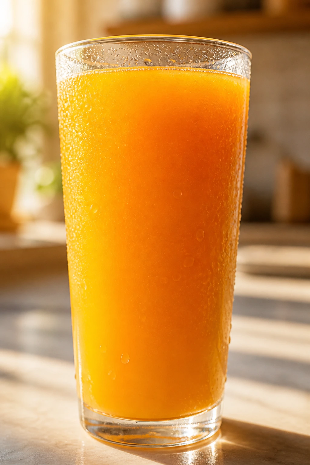 Close-up of a glass of mango juice with condensation in a sunlit kitchen