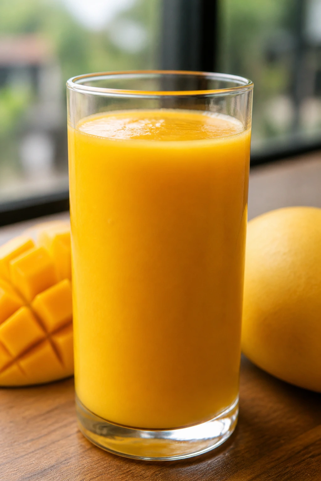 Sipping Away Pounds: Is Mango Juice Good For Weight Loss? 2 Close-up of a glass of mango juice on a cafe table with natural light.