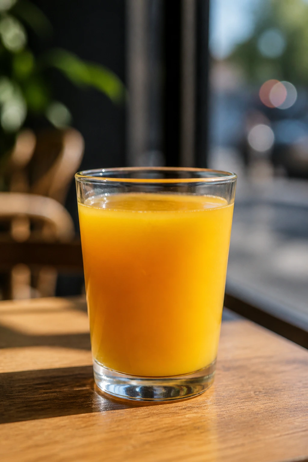 Glass of mango juice on cafe table, smooth and clear.