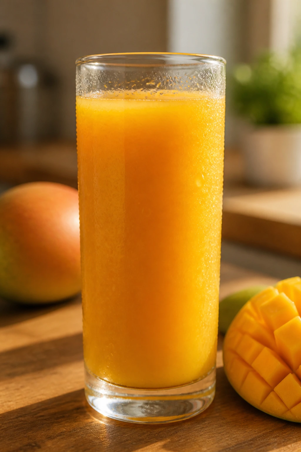 Sipping Away Pounds: Is Mango Juice Good For Weight Loss? 7 Close-up of a glass of mango juice with condensation, vibrant orange color