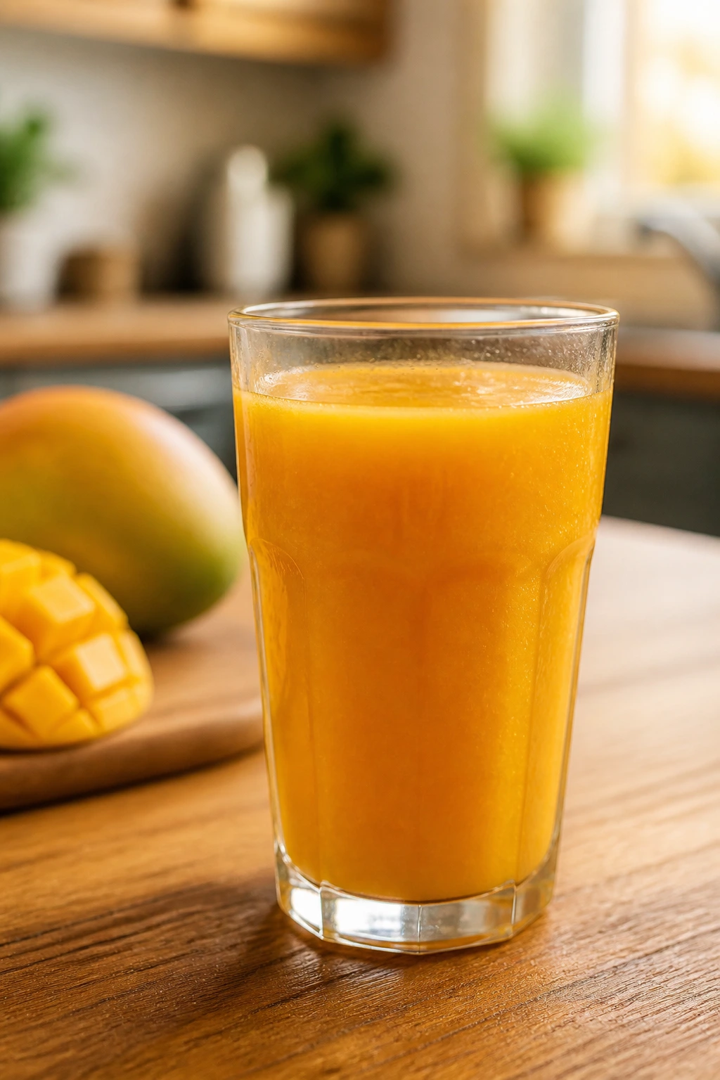 Sipping Away Pounds: Is Mango Juice Good For Weight Loss? 9 Close-up of a glass of mango juice on a wooden table
