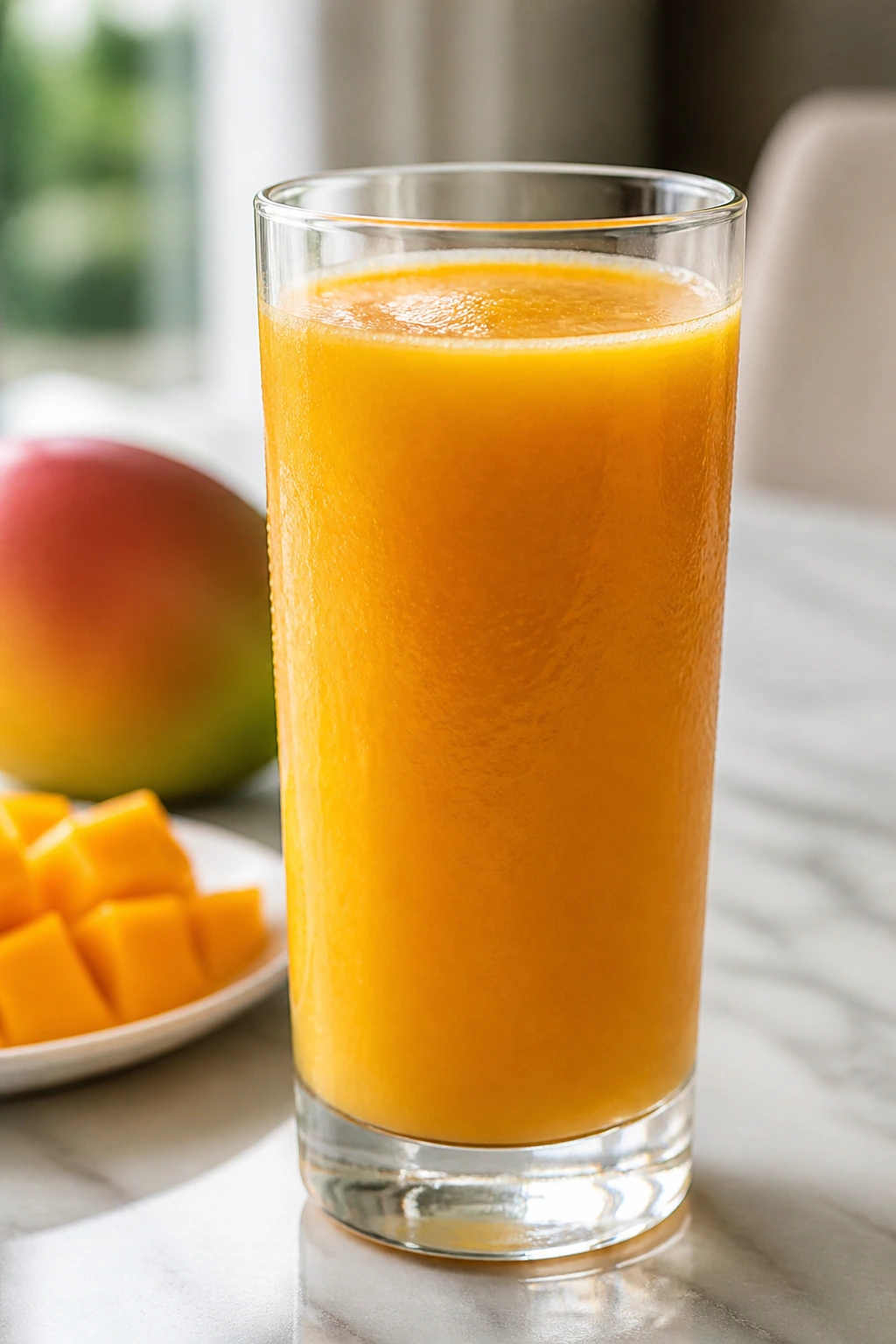 Sipping Away Pounds: Is Mango Juice Good For Weight Loss? 4 Close-up of a glass of mango juice on a dining table with daylight.