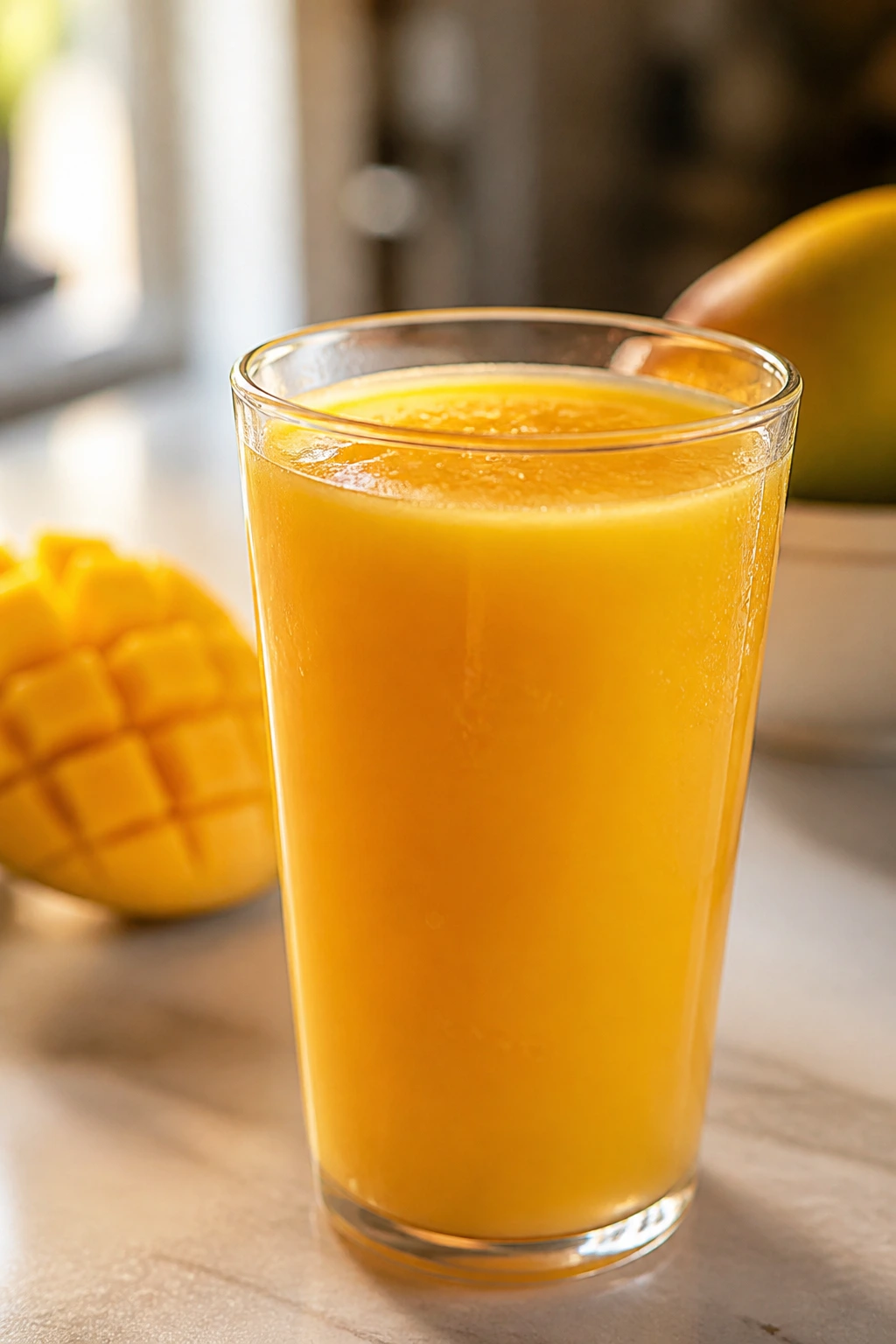Sipping Away Pounds: Is Mango Juice Good For Weight Loss? 5 Close-up of a glass of mango juice on a warm daylight kitchen counter.