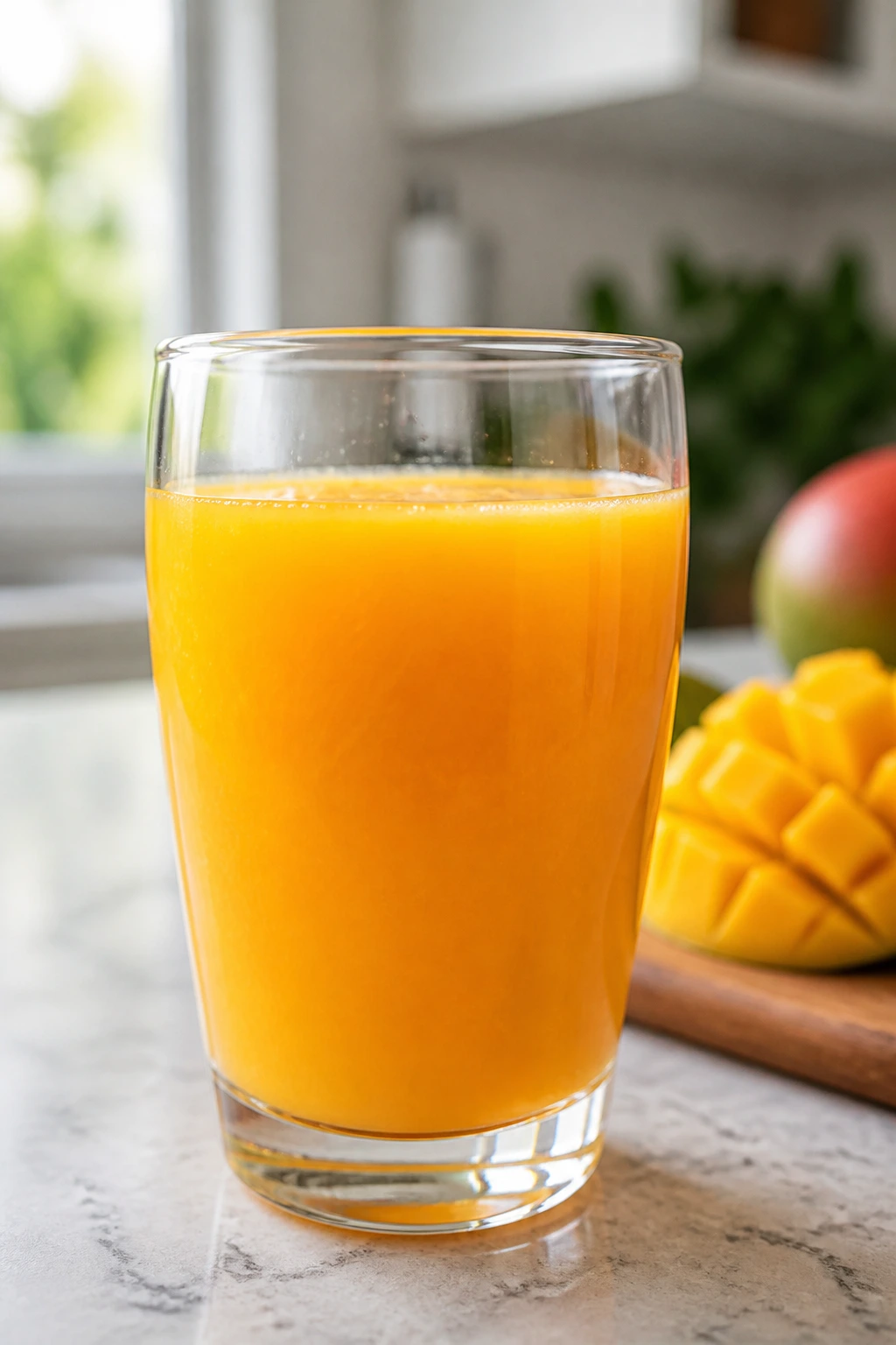 Sipping Away Pounds: Is Mango Juice Good For Weight Loss? 10 Close-up of a glass of mango juice on a bright kitchen counter