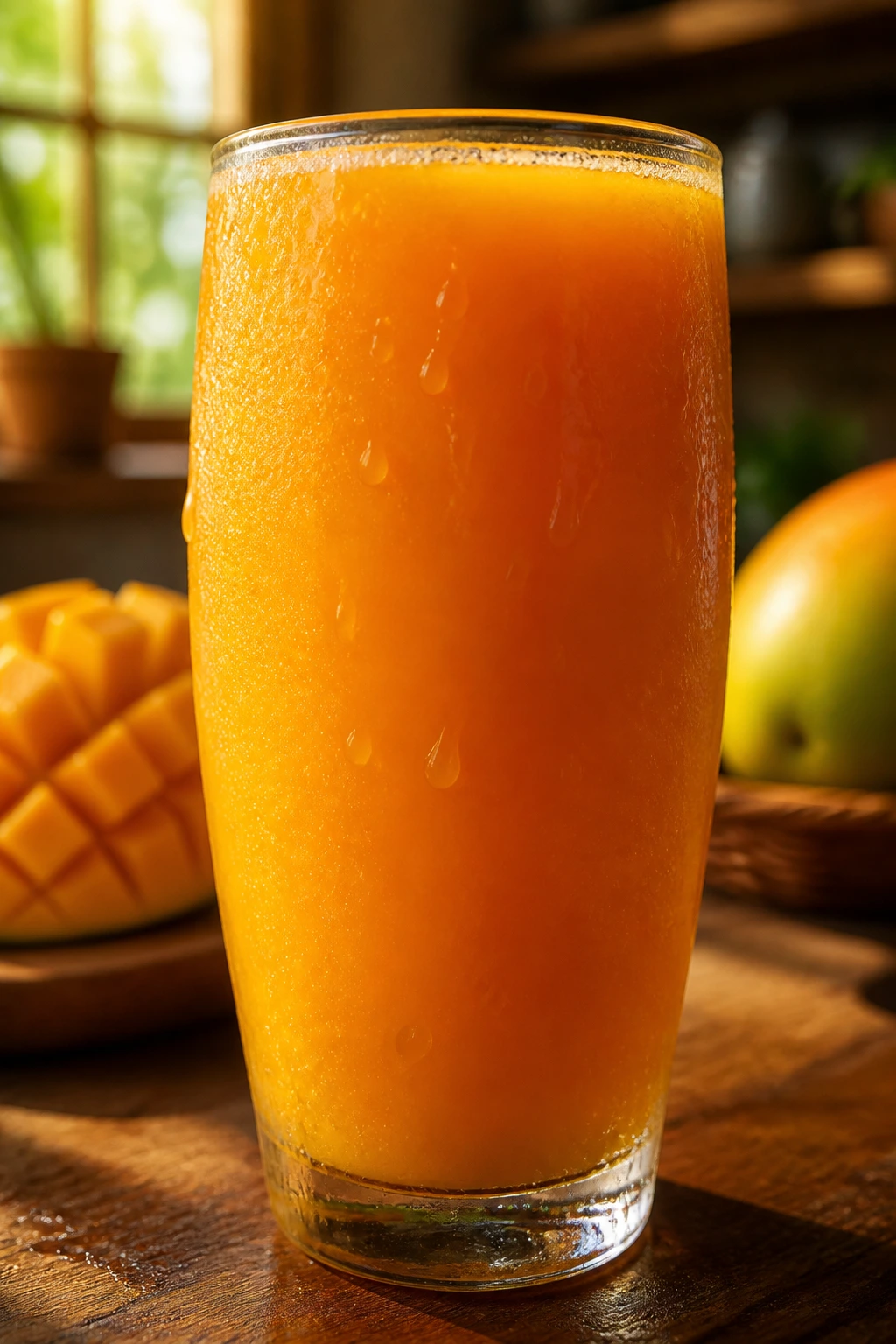 Sipping Away Pounds: Is Mango Juice Good For Weight Loss? 1 Close-up of a tall glass of mango juice on a wooden kitchen counter with warm daylight.