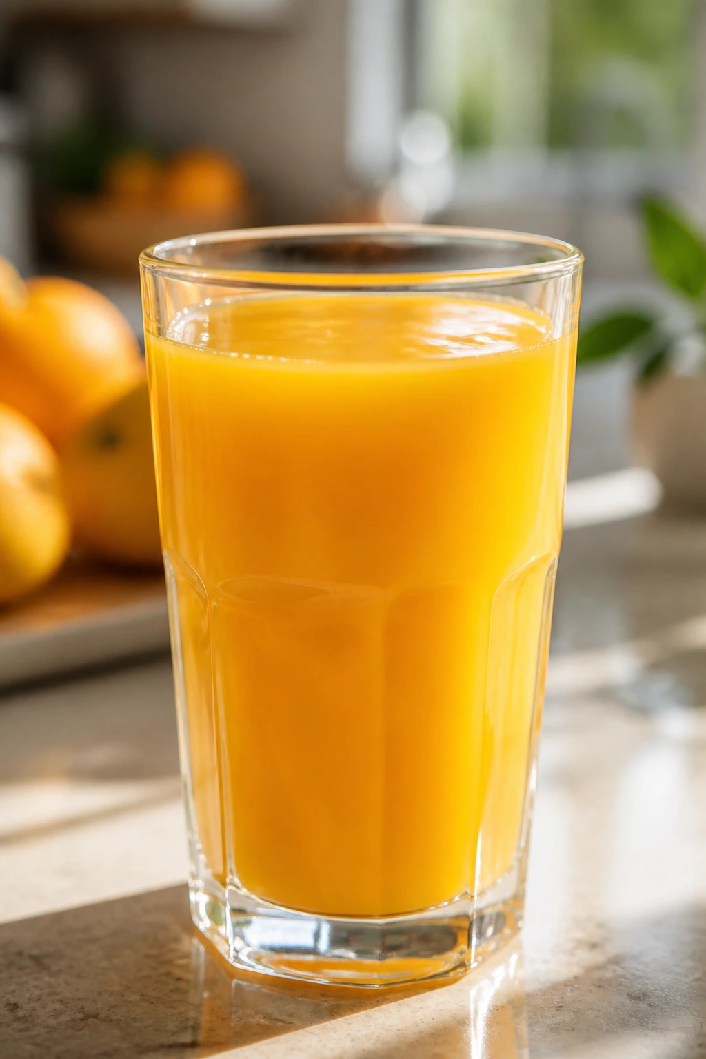 Sipping Away Pounds: Is Mango Juice Good For Weight Loss? 3 Close-up of a glass of mango juice on a sunlit kitchen island.