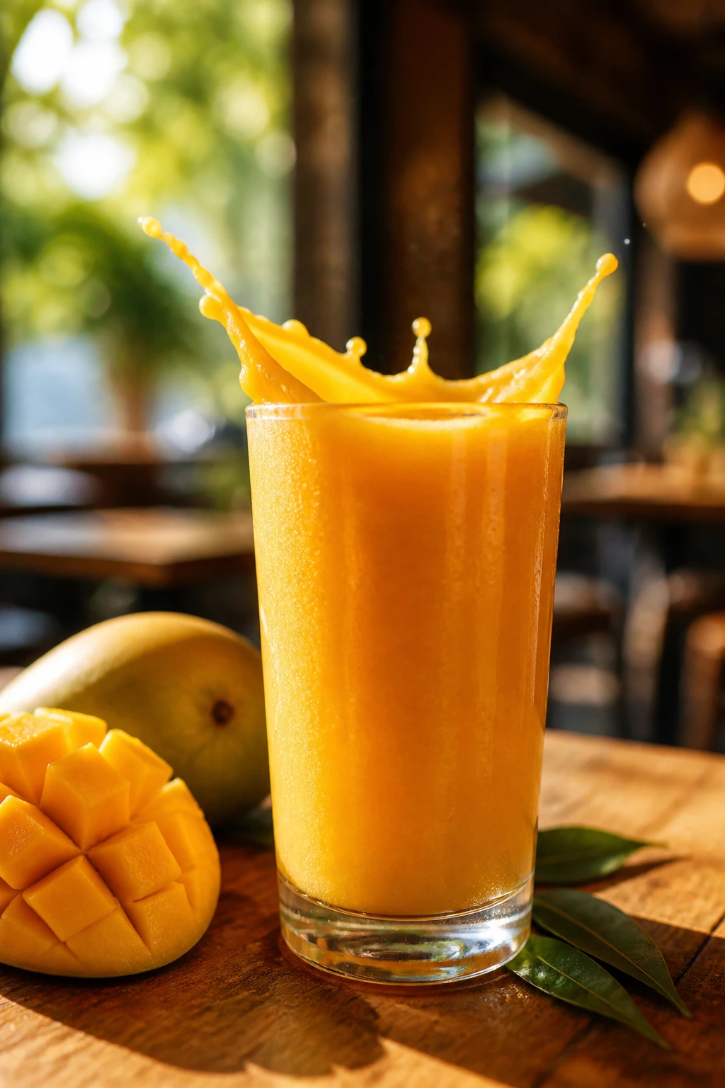 Sipping Away Pounds: Is Mango Juice Good For Weight Loss? 6 Close-up of a glass of mango juice with a subtle splash on a sunlit wooden table.