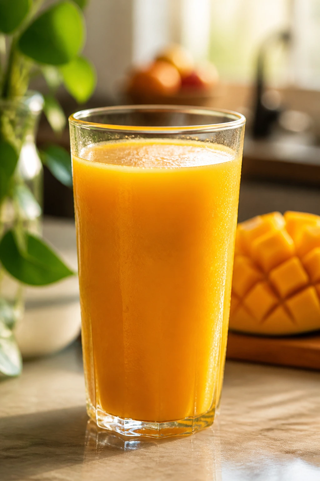 Glass of mango juice highlighting health benefits in a cozy kitchen.