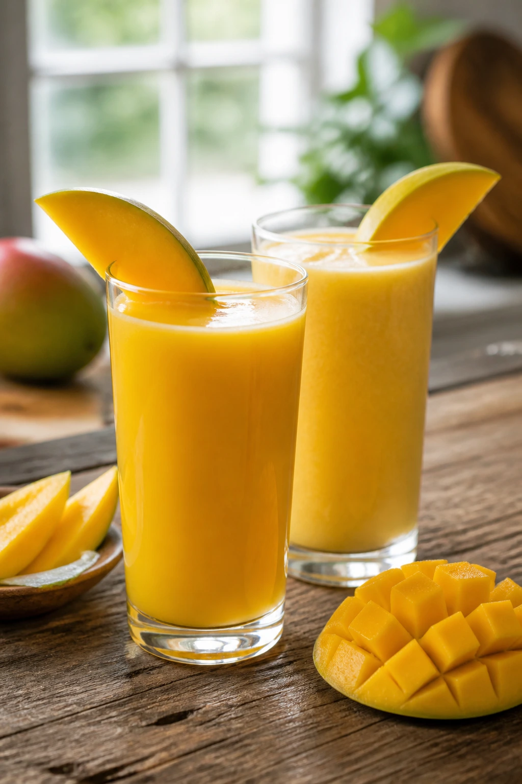 Two glasses of mango juice and mango nectar on a wooden table with mango slices