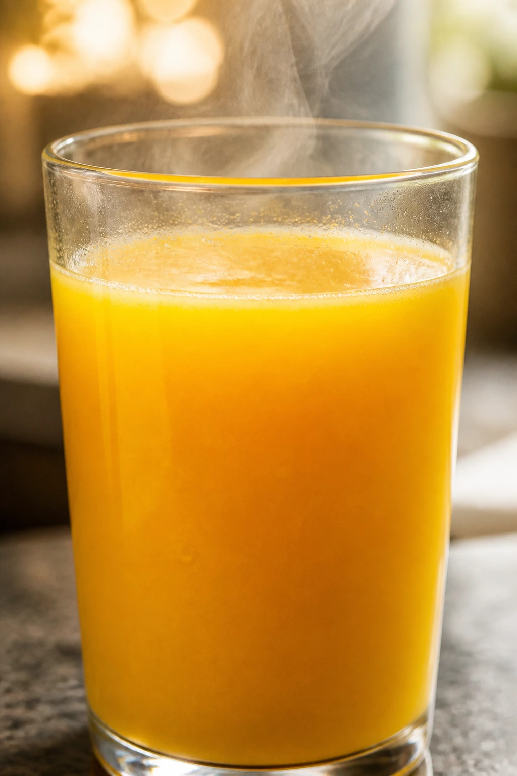 Glass of mango juice showing acidity level concept in kitchen setting.