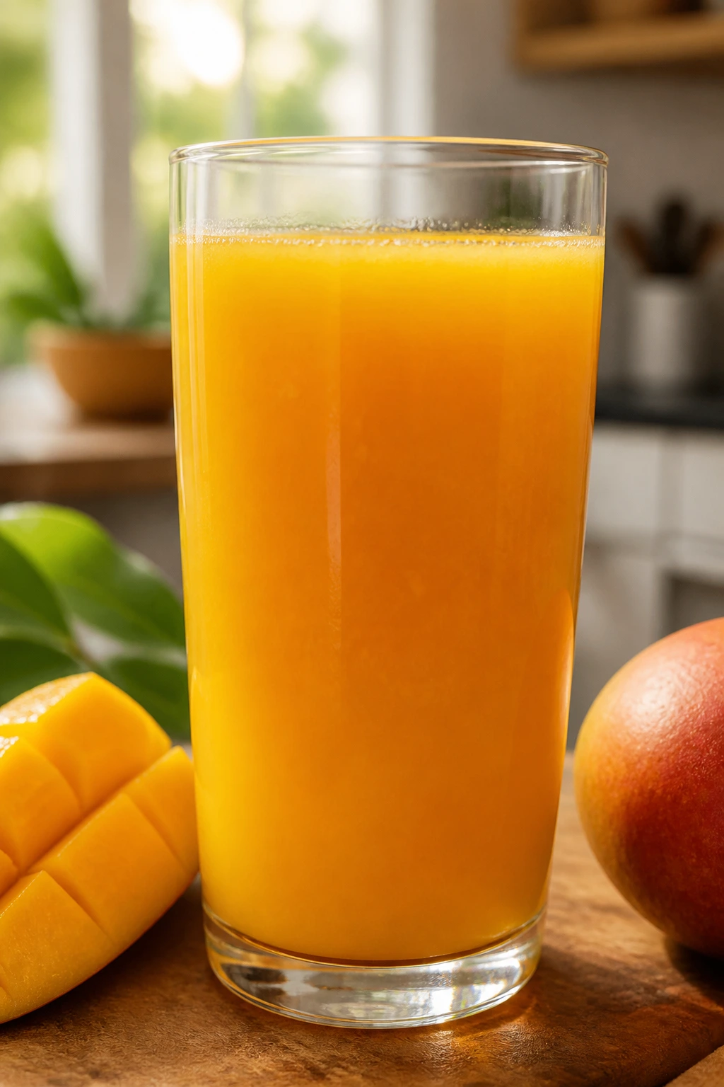 Glass of mango juice highlighting vitamins and minerals in a bright kitchen.