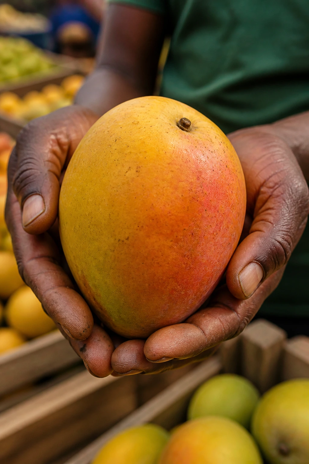 Mango held in farmer's hands with market crates blurred