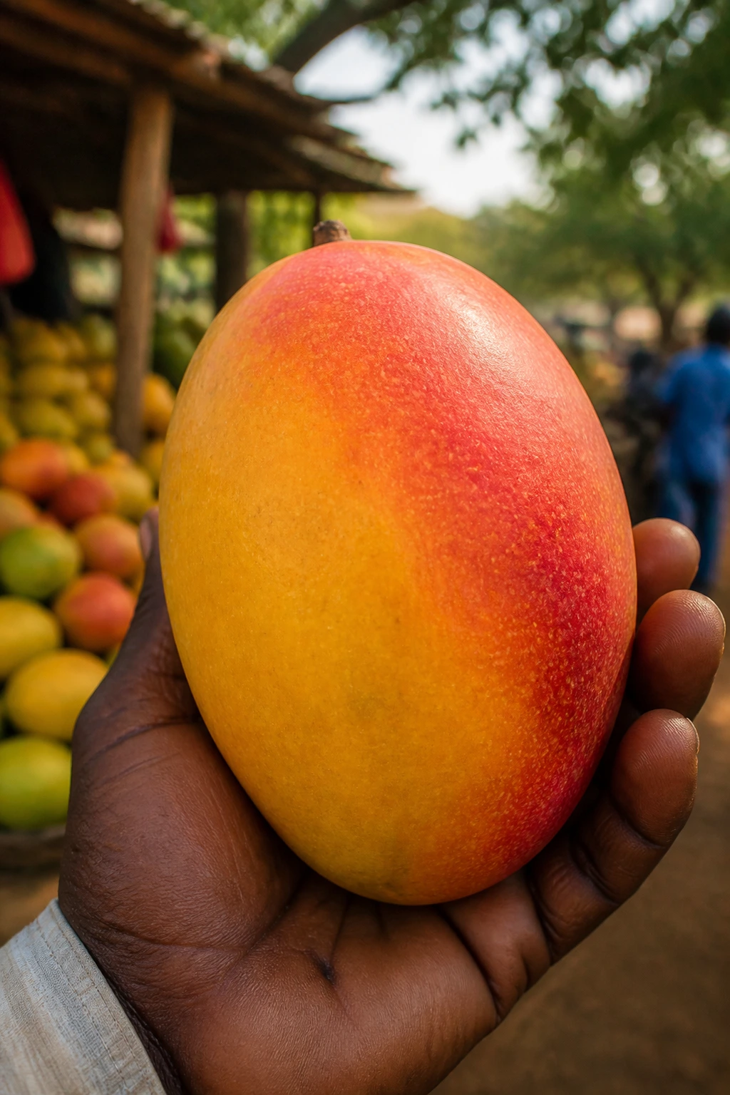 Close-up of a ripe mango held in a hand with market scene background