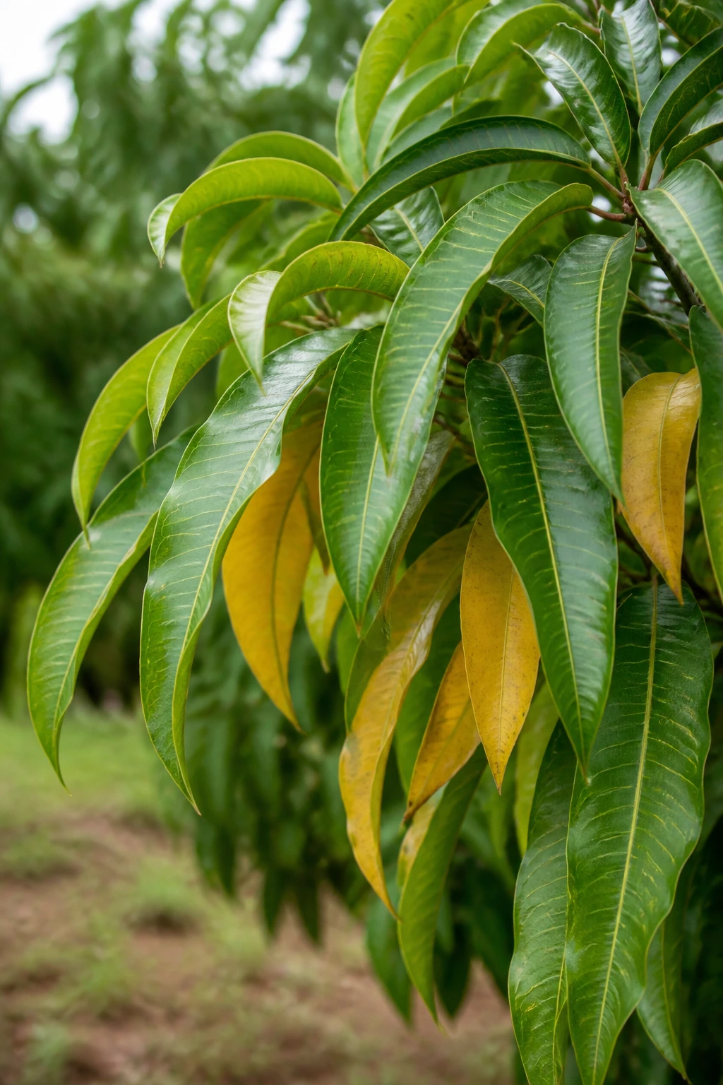 Mango branch with green and yellowing leaves