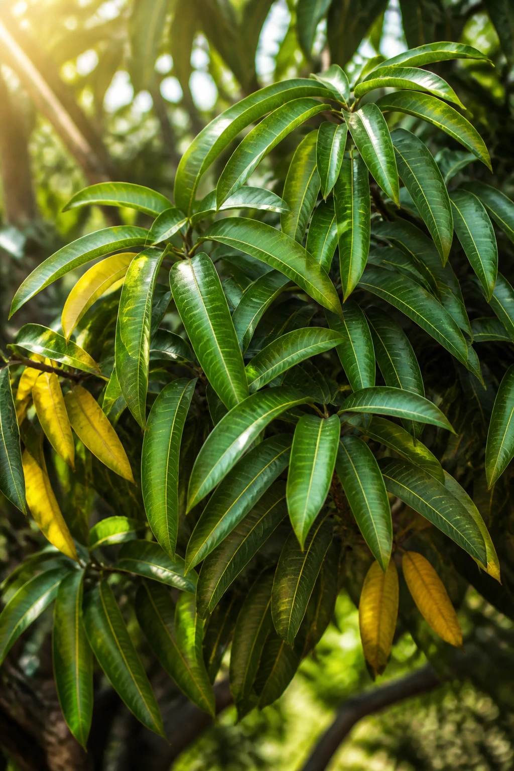 Close-up of mango leaves in orchard with yellowing edges