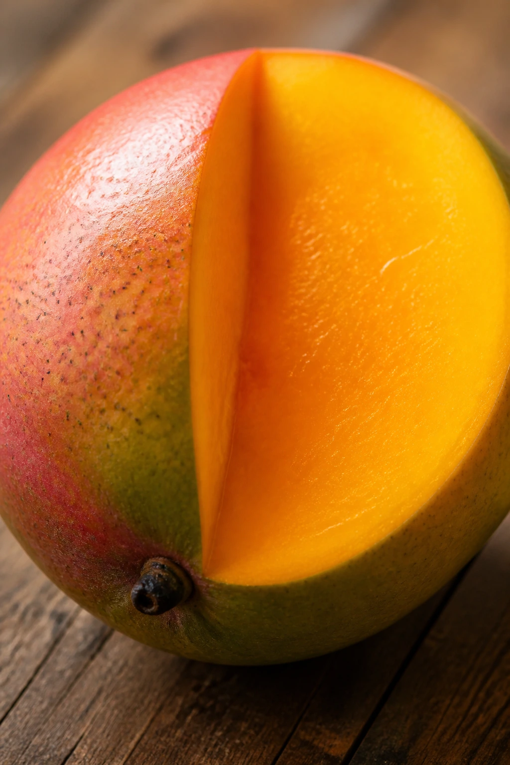 Fruity Horoscopes: What Fruit Represents Your Zodiac Sign? 4 Close-up of a halved ripe mango showing bright orange flesh on a wooden surface