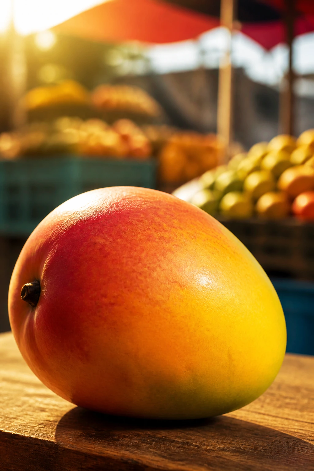 Single ripe mango with market background under warm light