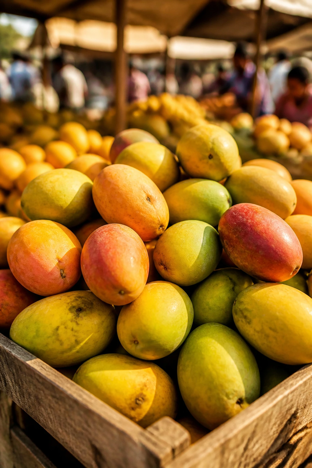 Close-up of ripe mangoes piled in a rustic market crate in India