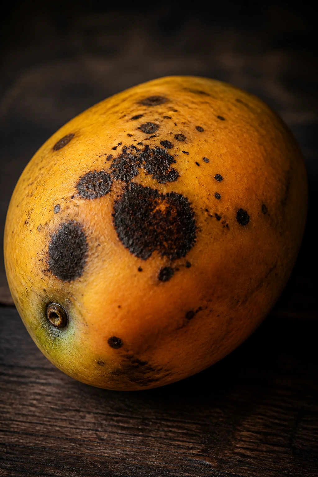 Mango showing dark mold-like spots on skin, moody lighting.