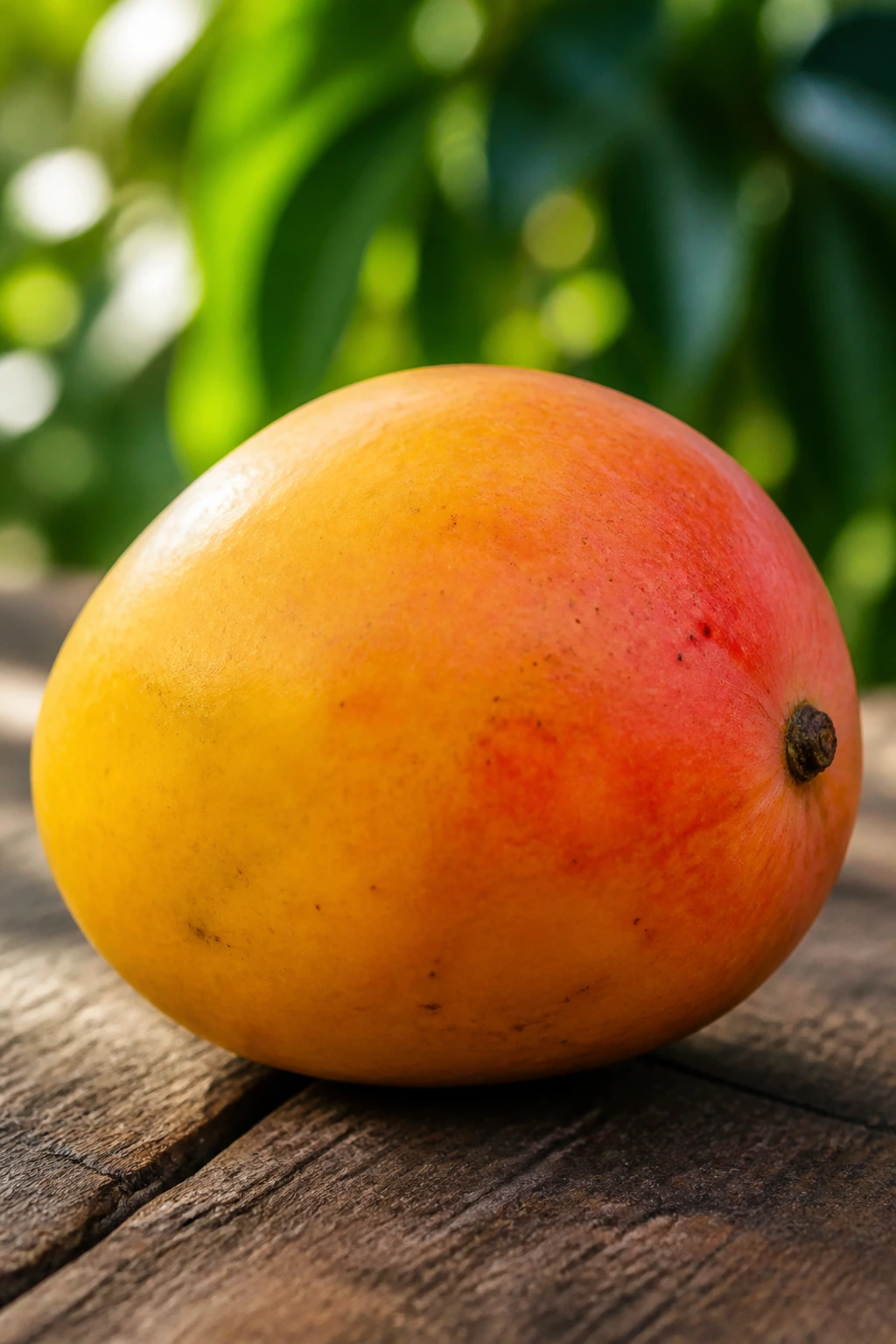Close-up of a ripe mango on a wooden surface in natural daylight