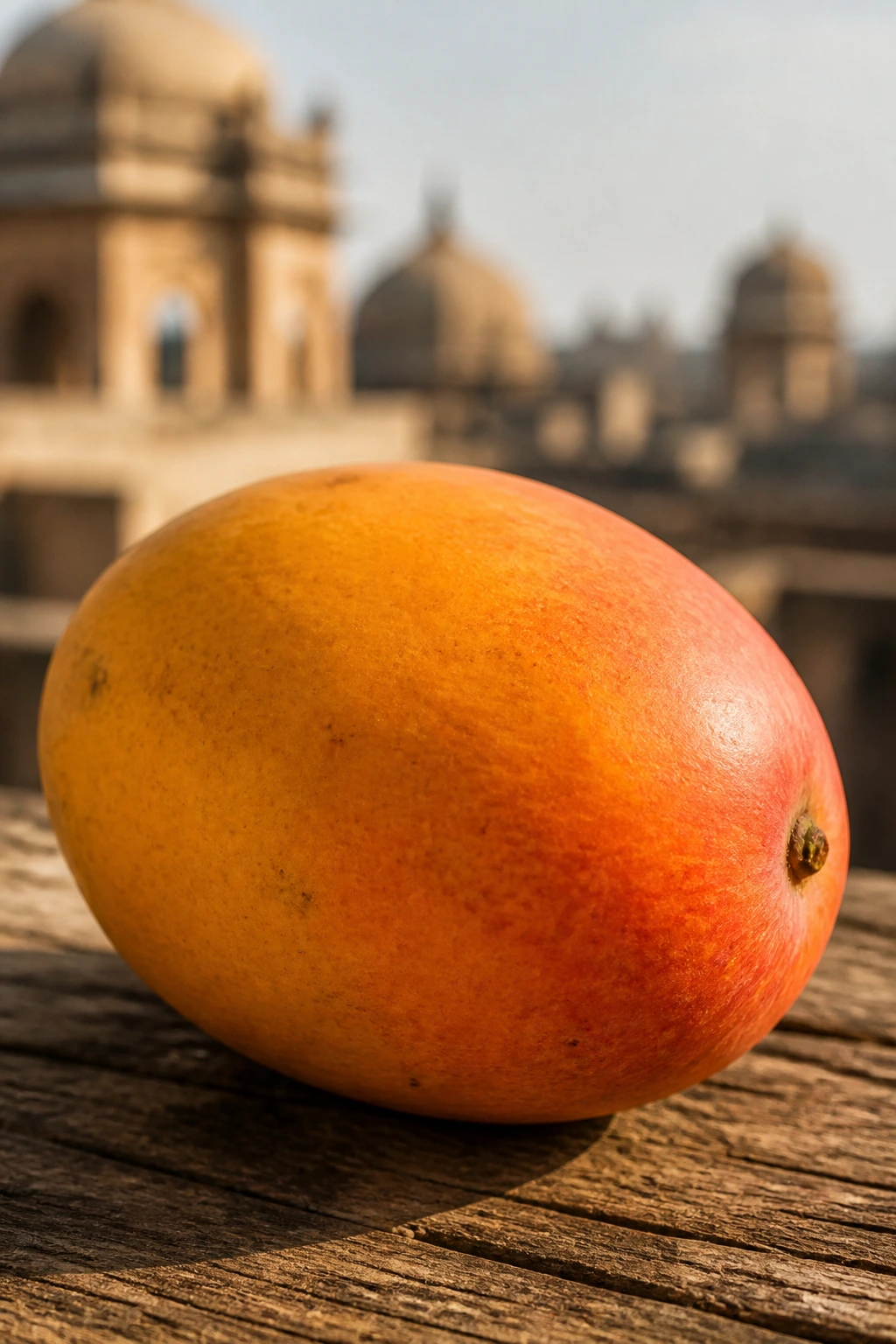 Single ripe mango on rustic wood with historic blur