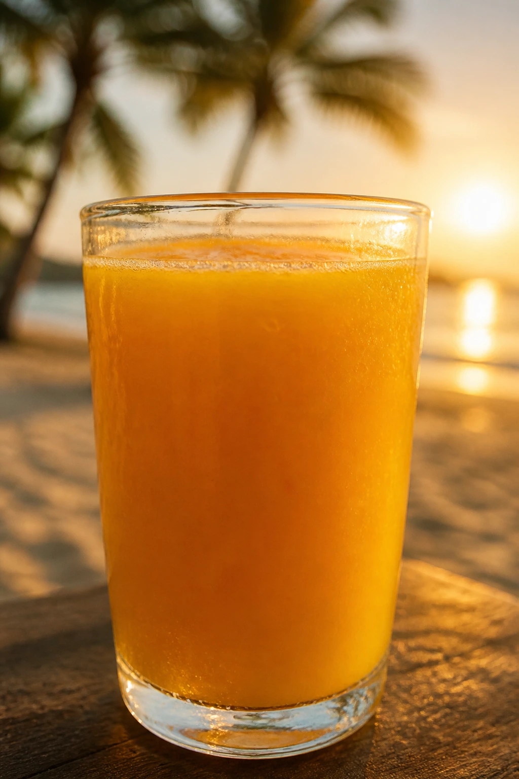 Glass of mango nectar on a tropical beach at golden hour