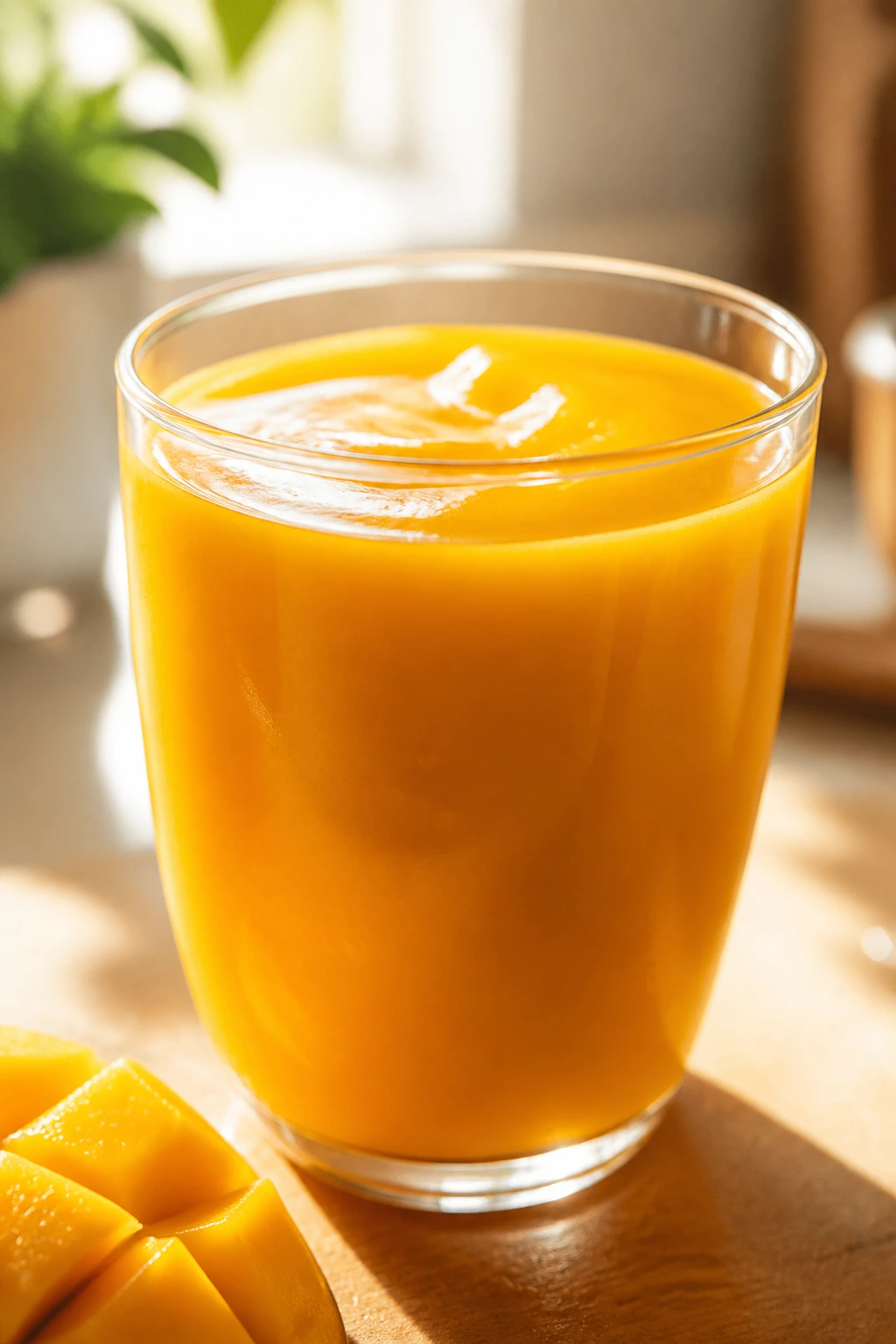 Rich mango nectar in a glass with warm sunlight highlighting texture.