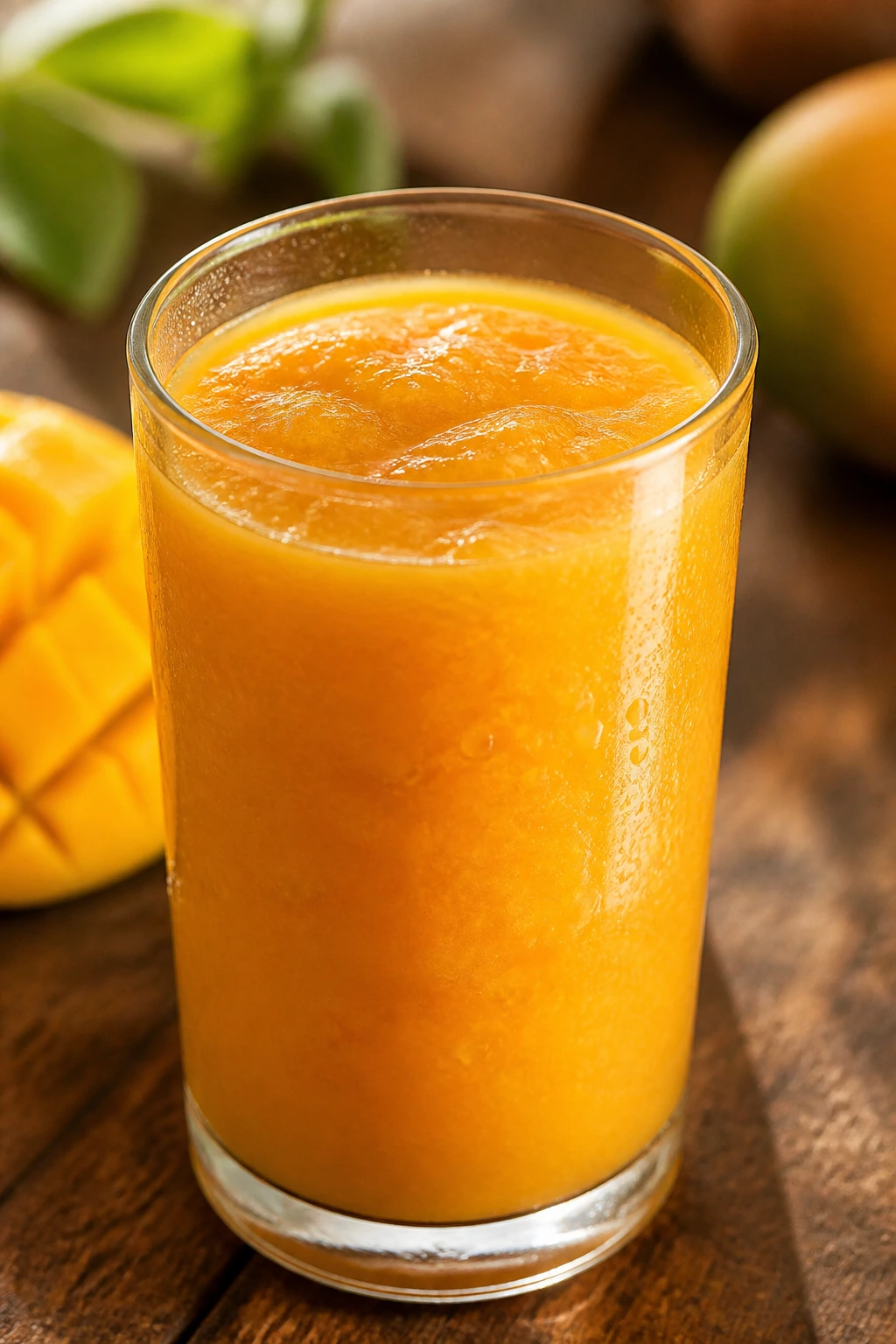 Close-up of thick mango nectar in a glass with visible pulp on a wooden counter.