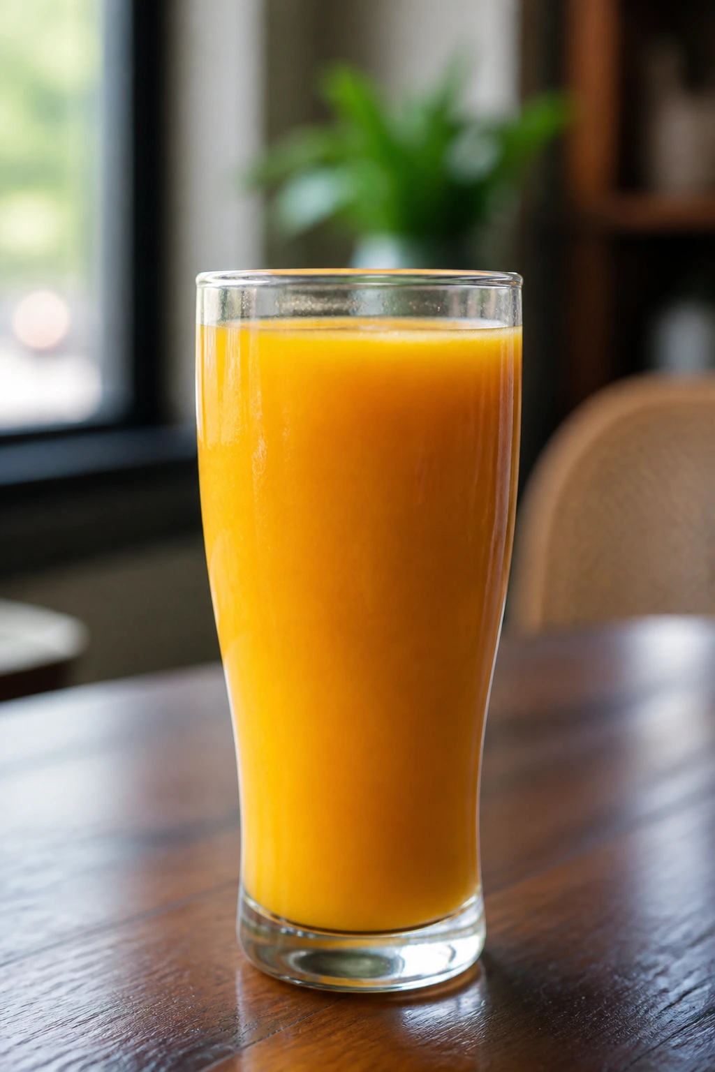 Glass of mango nectar on a cozy cafe table by a window