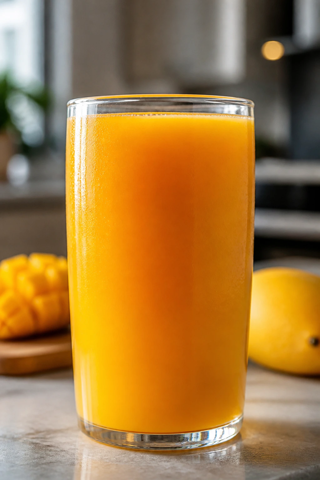 Glass of mango nectar on a kitchen counter with warm lighting